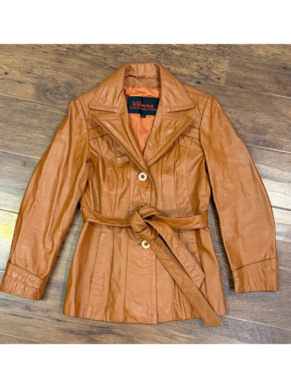 Vtg Wilsons Leather Belted Jacket Camel Brown Sz 8